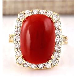 11.78 CTW Natural Coral And Diamond Ring In 18K Yellow Gold