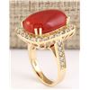 Image 3 : 11.78 CTW Natural Coral And Diamond Ring In 18K Yellow Gold