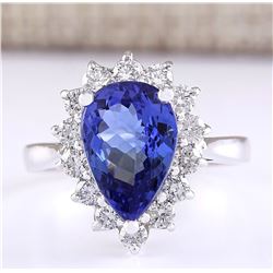 4.07 CTW Natural Blue Tanzanite And Diamond Ring 18K Solid White Gold