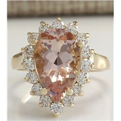5.00 CTW Natural Peach Morganite And Diamond Ring In 14K Solid Yellow Gold