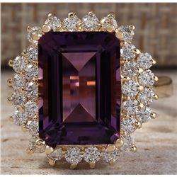 7.53CTW Natural Amethyst And Diamond Ring In 14K Solid Yellow Gold