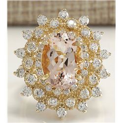 6.33 CTW Natural Peach Morganite And Diamond Ring In 18K Solid Yellow Gold