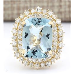 9.43 CTW Natural Blue Aquamarine And Diamond Ring In 18K Yellow Gold