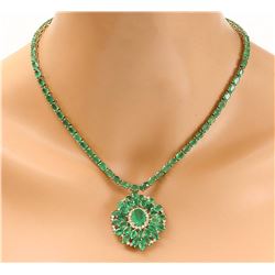44.46 CTW Natural Emerald 14K Solid Yellow Gold Diamond Necklace