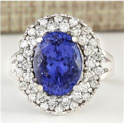7.82 CTW Natural Blue Tanzanite And Diamond Ring 18K Solid White Gold