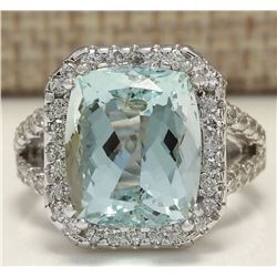 9.50 CTW Natural Aquamarine And Diamond Ring In 18K Solid White Gold