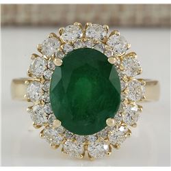 6.29 CTW Natural Emerald And Diamond Ring 14K Solid Yellow Gold