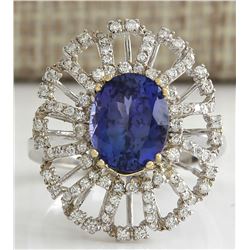 4.02 CTW Natural Blue Tanzanite And Diamond Ring 18K Solid White Gold