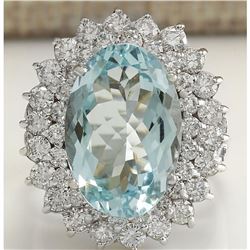 9.74 CTW Natural Aquamarine And Diamond Ring In 18K Solid White Gold