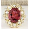 Image 1 : 6.60 CTW Natural Pink Tourmaline And Diamond Ring In18K Solid Yellow Gold