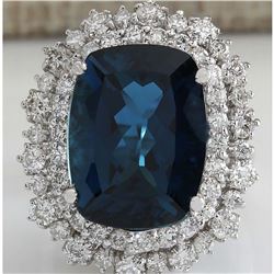 14.02CTW Natural London Blue Topaz And Diamond Ring In14K Solid White Gold