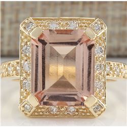 5.56 CTW Natural Morganite And Diamond Ring In 18K Solid Yellow Gold