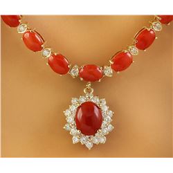 31.95 CTW Coral 14K Yellow Gold Diamond Necklce