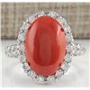 7.35CTW Natural Red Coral And Diamond Ring 14K Solid White Gold