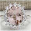 4.72 CTW Natural Peach Morganite And Diamond Ring In 14K Solid White Gold