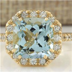 4.72 CTW Natural Aquamarine And Diamond Ring In 18K Yellow Gold
