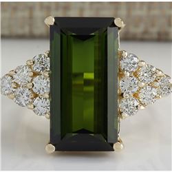 10.65 CTW Natural Green Tourmaline And Diamond Ring 18K Solid Yellow Gold