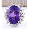 27.50 CTW Natural Amethyst And Diamond Ring In 18K White Gold