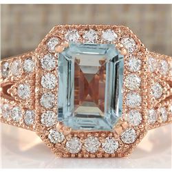 3.12 CTW Natural Blue Aquamarine Diamond Ring 14K Solid Rose Gold