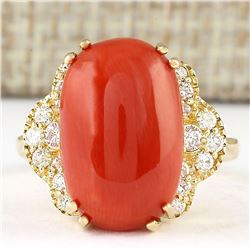 9.33 CTW Natural Coral And Diamond Ring In 14k Yellow Gold