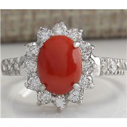 2.35 CTW Natural Red Coral And Diamond Ring 14K Solid White Gold