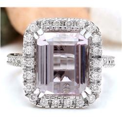 9.04 CTW Natural Kunzite 18K Solid White Gold Diamond Ring