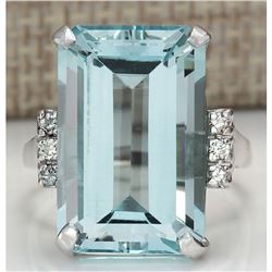 16.42 CTW Natural Blue Aquamarine Diamond Ring 18K Solid White Gold