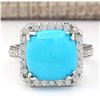 Image 1 : 6.70 CTW Natural Turquoise And Diamond Ring In 14k White Gold