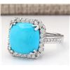 Image 2 : 6.70 CTW Natural Turquoise And Diamond Ring In 14k White Gold