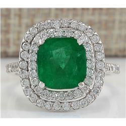 3.74 CTW Natural Emerald And Diamond Ring In 14K White Gold