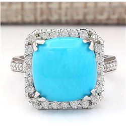 6.70 CTW Natural Turquoise And Diamond Ring In 18K White Gold