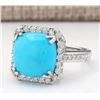 Image 2 : 6.70 CTW Natural Turquoise And Diamond Ring In 18K White Gold