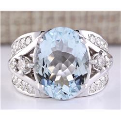 7.97 CTW Natural Aquamarine And Diamond Ring In 18K White Gold