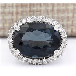 12.08 CTW Natural London Blue Topaz And Diamond Ring In18K Solid White Gold
