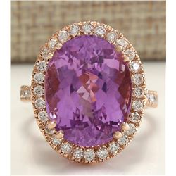 17.68 CTW Natural Kunzite And Diamond Ring 18K Solid Rose Gold