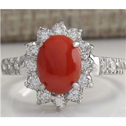 2.35 CTW Natural Red Coral And Diamond Ring 18K Solid White Gold