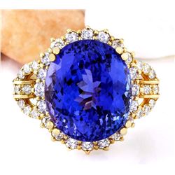 15.03 CTW Natural Tanzanite 18K Solid Yellow Gold Diamond Ring