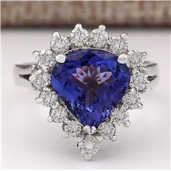 4.34 CTW Natural Blue Tanzanite And Diamond Ring 14k Solid White Gold