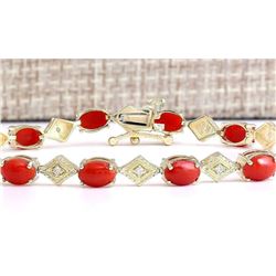 5.88 CTW Natural Coral And Diamond Bracelet In 14k Yellow Gold