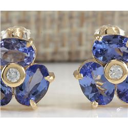 3.06 CTW Natural Blue Tanzanite And Diamond Earrings In 14K Yellow Gold