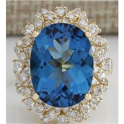12.07CTW Natural London Blue Topaz And Diamond Ring In18K Solid Yello Gold