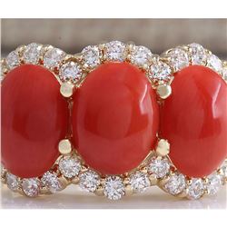 5.30CTW Natural Red Coral And Diamond Ring 18K Solid Yellow Gold