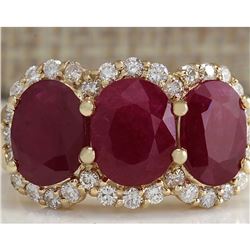 6.82 CTW Natural Red Ruby And Diamond Ring 18K Solid Yellow Gold