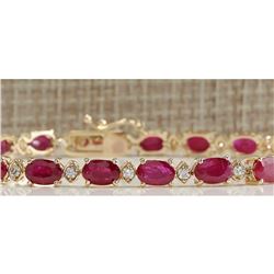 14.26CTW Natural Red Ruby And Diamond Bracelet In 18K Yellow Gold