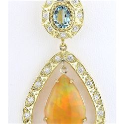 13.14 CTW Natural Opal, Aquamarine Diamond Pendant 18K Solid Yellow Gold