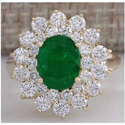 3.11 CTW Natural Emerald And Diamond Ring 14K Solid Yellow Gold