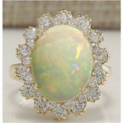 6.26 CTW Natural Opal And Diamond Ring In 18K Solid Yellow Gold