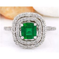 2.10 CTW Natural Emerald 18K Solid White Gold Diamond Ring