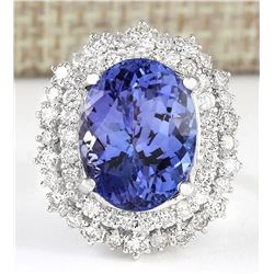 12.86 CTW Natural Blue Tanzanite And Diamond Ring 18K Solid White Gold