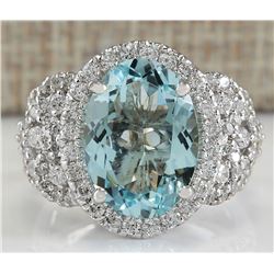 5.69 CTW Natural Blue Aquamarine And Diamond Ring In 18K White Gold